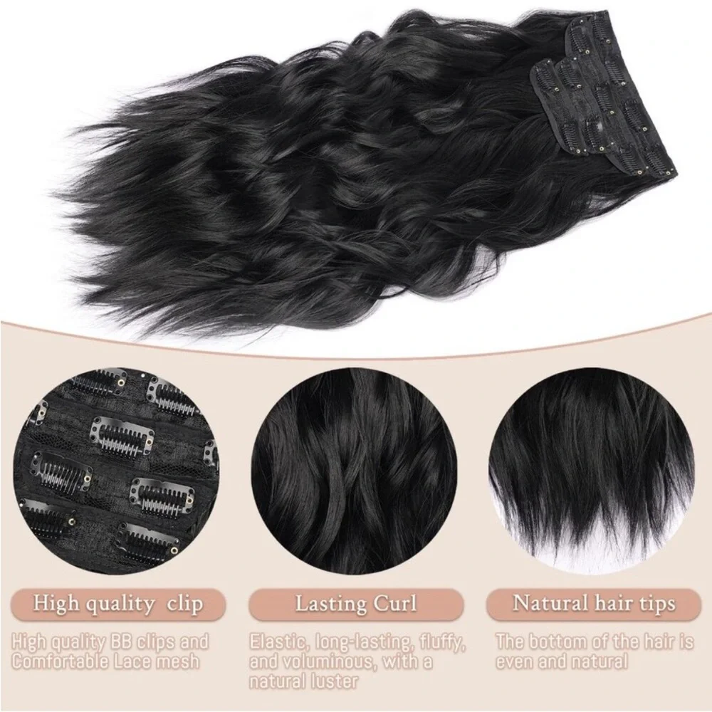 Clip in Hair Extensions 4Pcs Long Wavy Natural Black Hair Clip ins NEW
